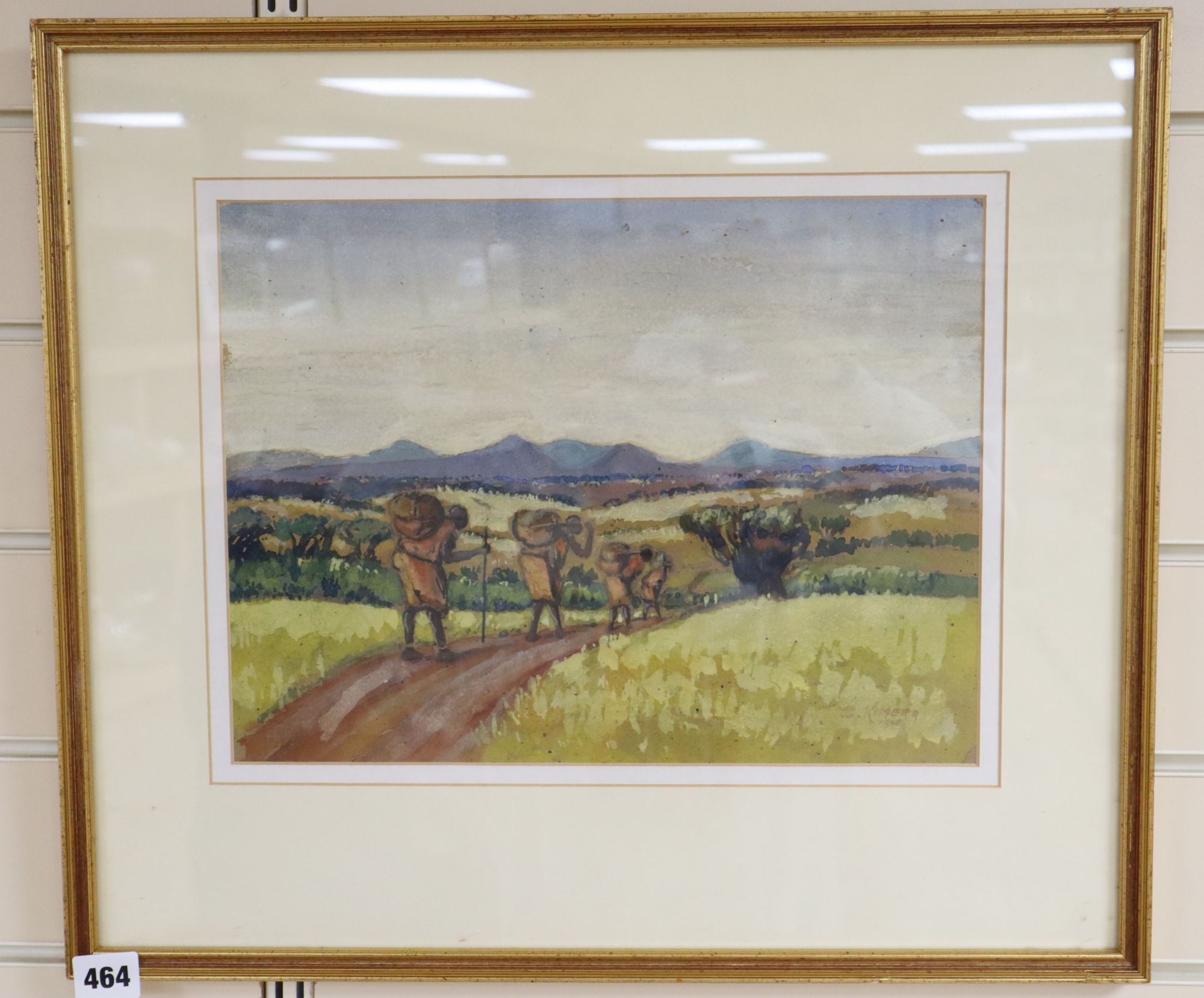 T.G. Kimera, watercolour, African landscape with grain carriers, signed, 26 x 35cm